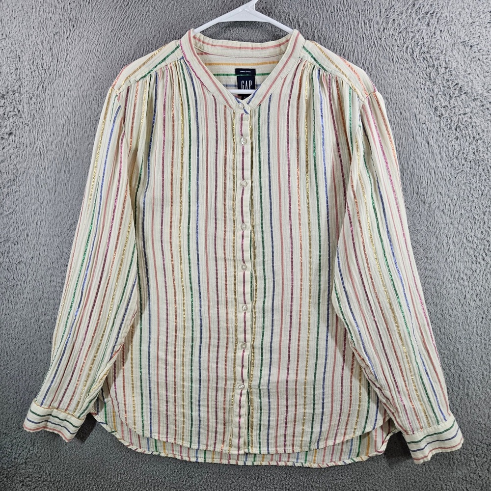 Gap Womens XXL Crinkle Gauze Rainbow Metallic Stripe Button Down Shirt Cream